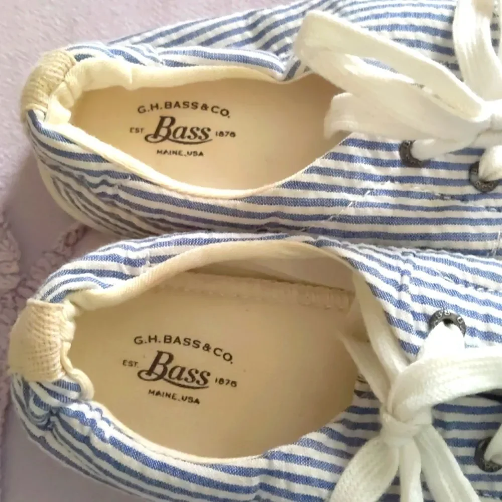 Bass Sneakers Tennis Shoes Blue and White Canvas Ticking Women Shoes 9.5
